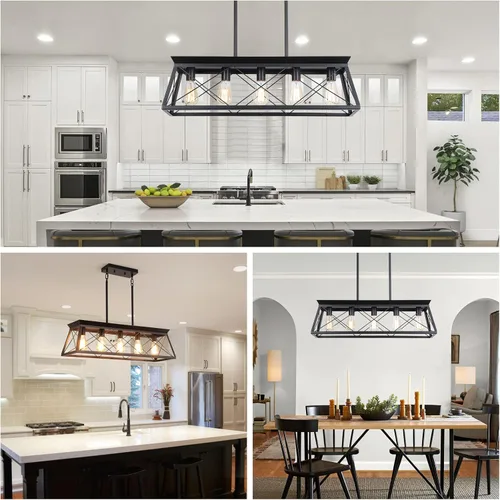 Vista 3 de Candelabros de granja para comedor, lámpara rústica para isla de cocina, lámpara colgante lineal de 5 luces, lámpara rectangular, luces de techo