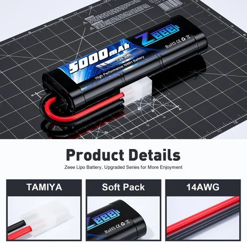 Vista 3 de Zeee Batería NiMH de 7.2 V 5000 mAh con enchufe Tamiya de 6 celdas, batería recargable de alta potencia para modelos RC Car Truck Truggy Buggy