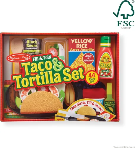 Vista 3 de Melissa & Doug Fill & Fold - Juego de tacos y tortillas, 43 piezas, comida mexicana de madera en rodajas, sartén y más - Certificado FSC
