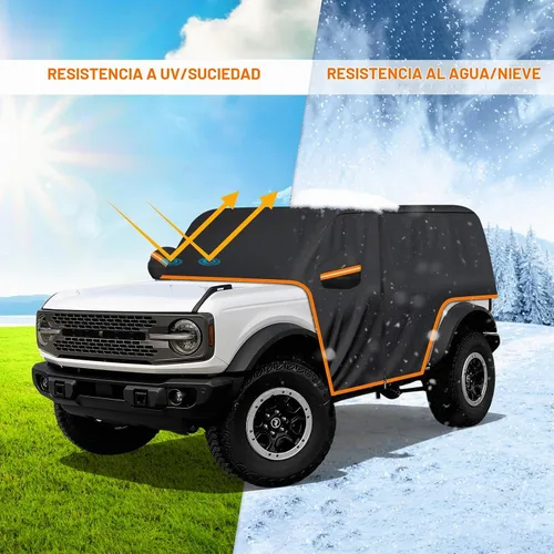 Vista 5 de Funda de coche para Ford Bronco de 2 puertas, 420D, funda impermeable para todo tipo de clima, sol, lluvia, UV, polvo, cubierta de cabina con Para