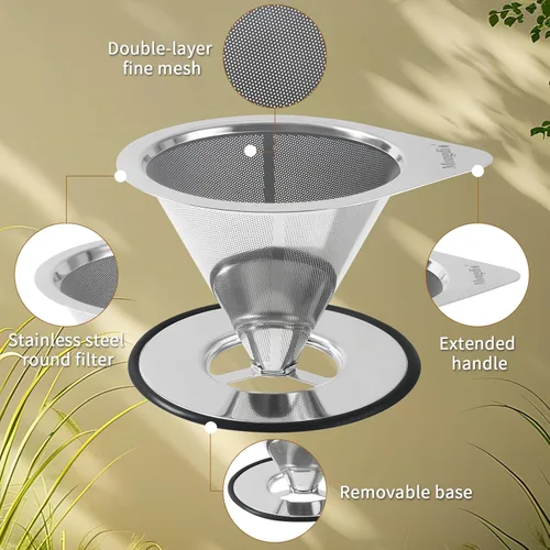 Vista 3 de Mongdio Gotero de café vertido, gotero de café de acero inoxidable, filtro de café de metal reutilizable, diseño de doble malla para verter sobre