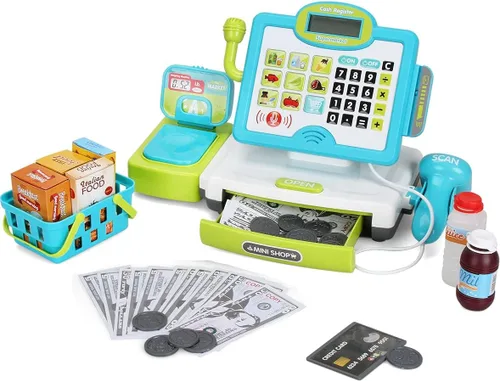 FS Calculadora de juego de simulación de caja registradora de juguete como regalo preescolar para niños, juguete clásico con sonido, micrófono,