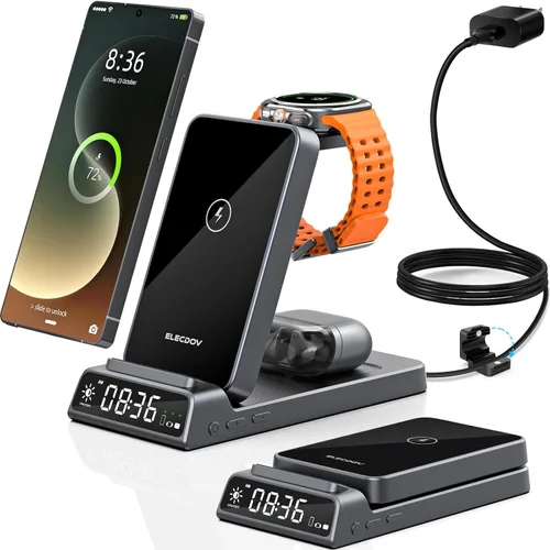 Cargador inalámbrico para estación de carga Samsung con reloj para Samsung Galaxy S25 Ultra/S24/Z Flip 7/Fold 6/Bud, cargador de reloj para Samsung