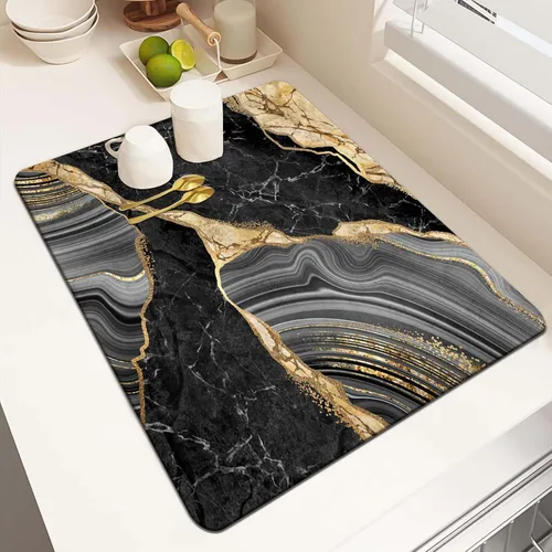 Vista 14 de MCALK Tapete de secado de platos blanco mármol para encimera de cocina, almohadilla de secado de platos dorada con base de goma antideslizante