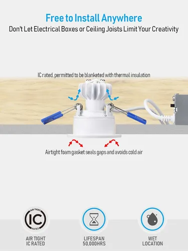Vista 6 de TORCHSTAR 5CCT - Luz LED empotrable con cardán de 1 pulgada con caja en J, borde liso profundo antirreflejo, 6 W CRI90 regulable giratorio