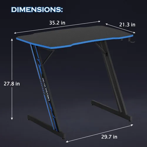 Vista 3 de PayLessHere Mesa de Juegos de 35" Azul Escritorio de Computadora en Forma de Z con Marco de Acero, Gancho para Auriculares, Pies Ajustables