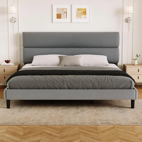Vista 9 de GRUSIGN Base de cama de plataforma de tamaño matrimonial con cabecera de terciopelo, soporte de listones de madera de altura ajustable, base