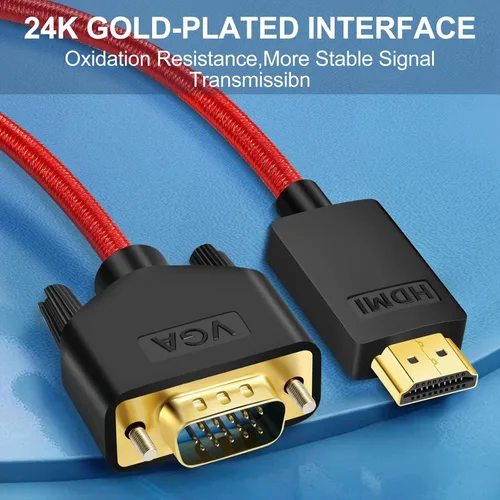Vista 6 de ANNNWZZD Cable HDMI a VGA, cable HDMI VGA trenzado de nailon para monitor, proyector, PC, escritorio, TV, rojo, 3FT1M