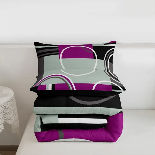 Vista 6 de Moderno juego de ropa de cama de color morado, negro y gris, edredón de círculos geométricos con espirales, edredón acolchado a rayas abstractas a