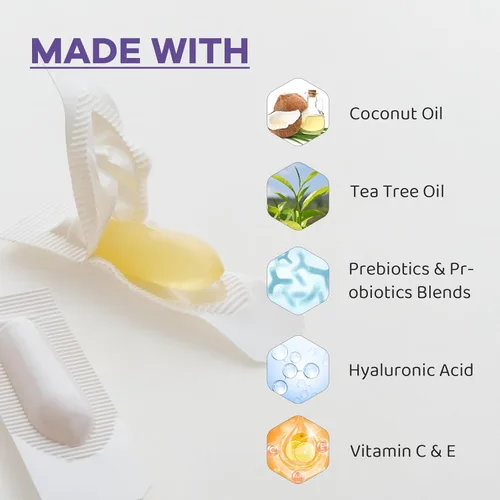 Vista 2 de Supositorios probióticos vaginales, prebióticos infundidos con ácido hialurónico, árbol de té y vitamina C y E, fórmula de apoyo para el equilibrio
