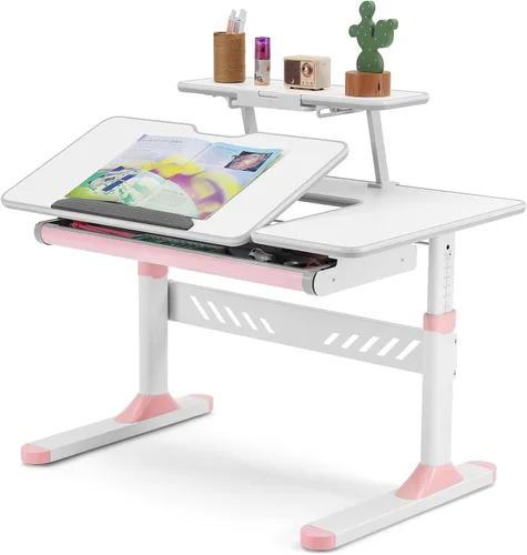 Vista 23 de COSVALVE Escritorio ajustable para niños con cajón, mesa de estudio ergonómica multifunción de 39 pulgadas de ancho con estante, escritorio Azul