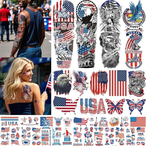 Aresvns Tatuajes temporales del Día de la Independencia, tatuaje de manga de bandera de Estados Unidos del 4 de julio, suministros de fiesta rojo,