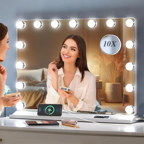 Vista 7 de LUXFURNI Espejo de tocador con luces, espejos de maquillaje, espejo Hollywood con 15 bombillas LED, 3 modos de color y brillo ajustable, aumento
