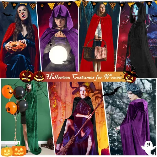 Vista 5 de Olreco Capa de terciopelo con capucha, capa de longitud completa, capa de Halloween, unisex, capa de bruja vampiro, disfraz de cosplay