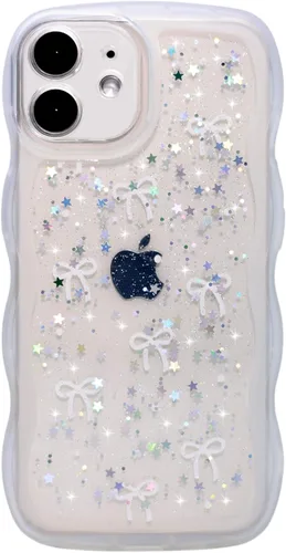 Vista 68 de Qokey para iPhone 14 Plus Funda de 6.7" con diseño de borde ondulado rizado, transparente, con purpurina, brillo, estrellas, brillante, lindo