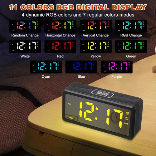 Vista 8 de KESYOO Modern LED Wood Grain Alarm Clock with RGB Mood Lighting Manual DST Adjustment Digital Display for Bedroom and Office Tabletop Stylish