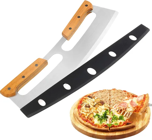 Zocy - Cortador de pizza con asas de madera y cubierta protectora de acero inoxidable afilado de 14 pulgadas, cortador de cuchillos de pizza grande