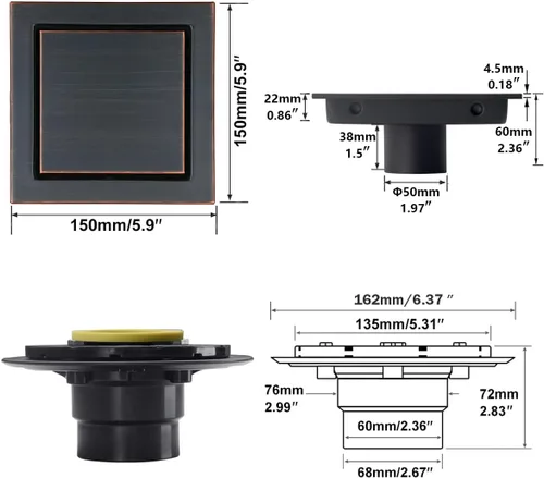 Vista 47 de RANDOM Drenaje de ducha redondo SUS304 de acero inoxidable dorado cepillado Drenaje de ducha de 4 pulgadas con brida de base de PVC ajustable