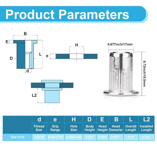 Vista 2 de 30 piezas tuercas de remache 3/8"-16, inserto roscado Nutsert de cabeza plana de acero inoxidable 304