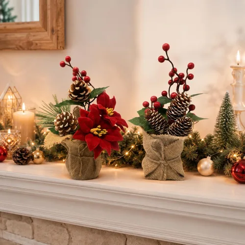 Vista 3 de BANBERRY DESIGNS Juego de 2 centros de mesa navideños para mesas, arreglos de mesa navideños con piñas, bayas rojas y vegetación, plantas rústicas