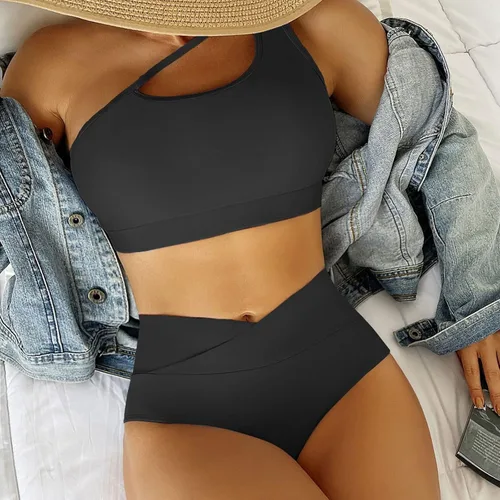 Vista 2 de Conjunto de bikini para mujer, sexy, con un hombro, cintura alta, parte delantera cruzada, traje de baño sólido de dos piezas