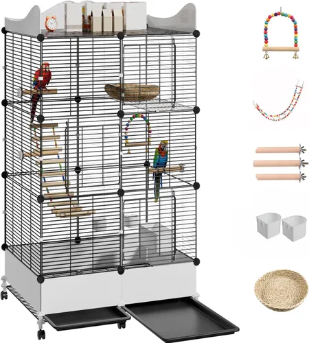 Jaula cifrada para pájaros grandes de 57 pulgadas, espacio de almacenamiento superior, protector de salpicaduras inferior con suministros esenciales