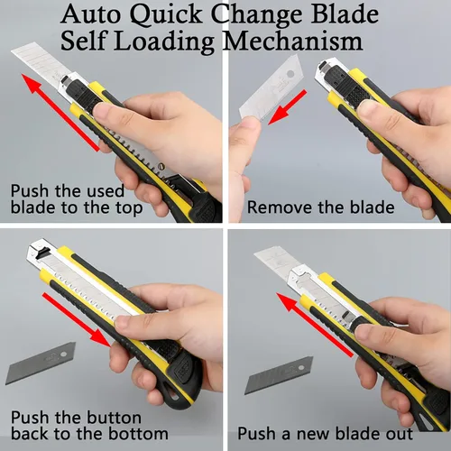 Vista 3 de DOWELL Cortador de caja de cuchillos utilitarios retráctil, autocarga, resistente, a presión, cambio rápido, cuchillas adicionales (3 piezas) TPR+PP