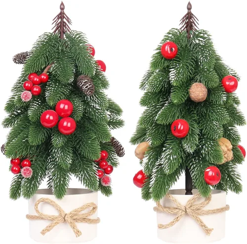 Vista 8 de 2 piezas de árbol de Navidad pequeño, piña de bayas doradas artificiales, mini decoración de árbol de Navidad de mesa, para bodas, vacaciones