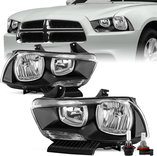 Vista 8 de SOCKIR Juego de montaje de faros delanteros compatible con Dodge Charger 2011 2012 2013 2014 Faro halógeno de repuesto negro con reflector ámbar