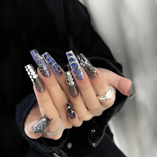 Uñas postizas largas acrílicas artificiales a presión, diseño de serpiente azul, diseño de diamantes de imitación, uñas postizas cuadradas