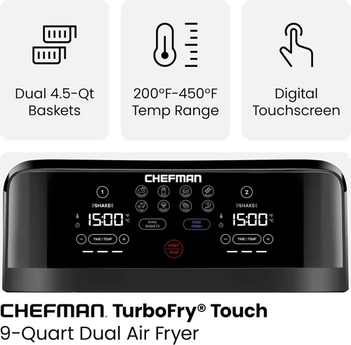 Vista 3 de Chefman TurboFry Touch Freidora de Aire Doble, Maximiza las Comidas Más Saludables con Capacidad de Doble Canasta, Controles Digitales de Un Toque