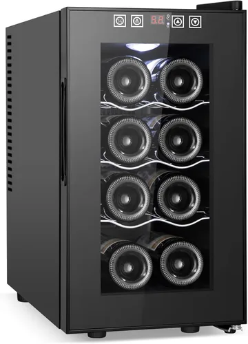 Refrigerador Enfriador de Vinos de 8 Botellas, Refrigerador Pequeño de Vino, Mini Refrigerador de Vino de Encimera con Puerta de Vidrio, Bodegas de
