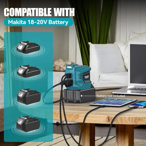 Vista 7 de Ecarke Inversor de corriente para batería Makita de 18 V: convertidor de 200 W de CC (18 V) a CA (110 V~120 V), toma de corriente con 2 puertos USB