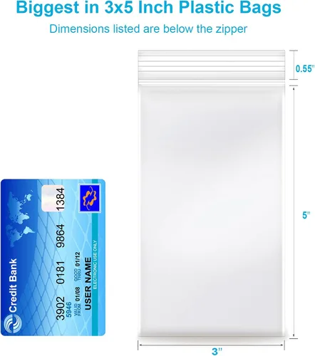 Vista 2 de 3 x 5 pulgadas, paquete de 200 bolsas de polietileno de plástico transparente de 2 mil de grosor con cierre resellable con cierre resellable