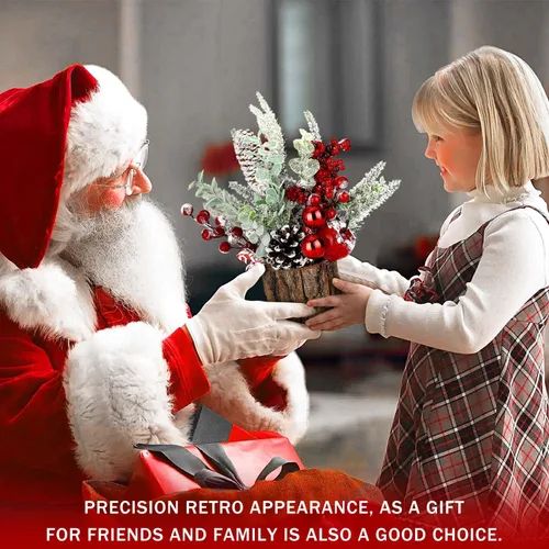 Vista 4 de Pequeño árbol de Navidad de mesa artificial, mini decoraciones de árbol de Navidad con adornos navideños, bayas rojas, piñas, vegetación para hogar