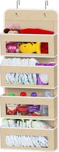 Simple Houseware - Organizador colgante con 4 bolsillos con ventana transparente para puerta de armario, baño, despensa, color beige