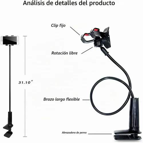 Vista 2 de Soporte para teléfono celular, soporte perezoso universal para teléfono móvil, clip de brazo largo de cuello de cisne flexible (negro)
