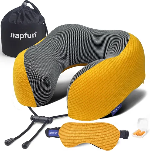 Vista 9 de napfun Almohada de cuello para viajes con bolsa de viaje, máscara de sueño y tapones para los oídos, almohada de espuma viscoelástica para dormir