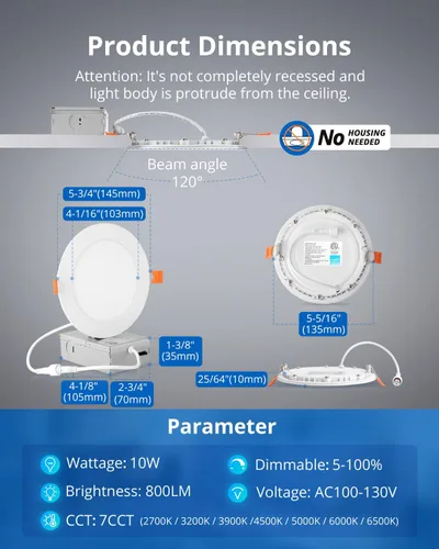 Vista 3 de Paquete de 8 luces LED empotrables de 13 cm para techo 7CCT para cocina, luz de techo delgada sin lata IC para baño, 10 W regulable 800 LM