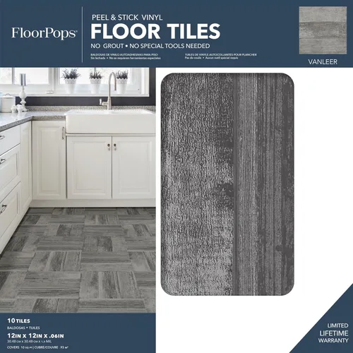 Vista 2 de FloorPops Vanleer - Azulejos de vinilo con aspecto de madera, resistentes al agua, 12 x 12 pulgadas, color gris, paquete de 10