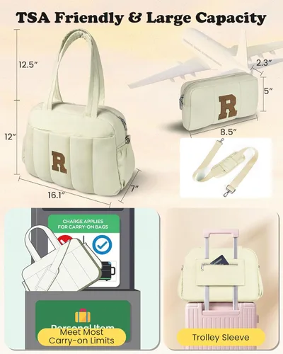 Vista 6 de Bolsa de lona Vogewood, bolsas personalizadas de fin de semana para mujer, bolsas de viaje con estuche de maquillaje, regalos de cumpleaños, Beige
