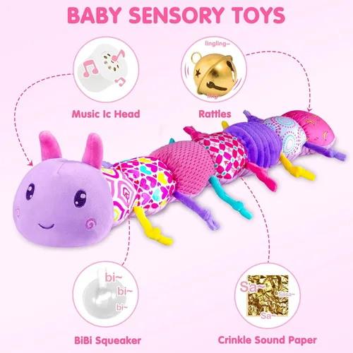 Vista 3 de Peluche musical para bebé con arrugado multisensorial, sonajero y texturas, regalo de cumpleaños para niñas de 0, 3, 6, 9, 12 meses, oruga, morado