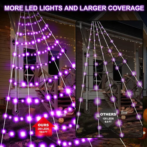 Vista 5 de Decoraciones de telarañas de Halloween para exteriores, 19.7 x 14.8 pies, tela de araña gigante con 250 luces LED moradas, telaraña negra triangular