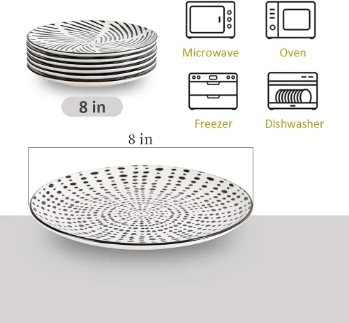 Vista 2 de Platos de cerámica para postre de 8 pulgadas, juego de 6 platos de ensalada, estilo japonés moderno, aptos para lavavajillas y microondas