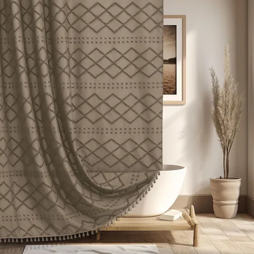 Vista 15 de Siiluminisoy - Cortina de ducha pequeña estilo boho para cubículo, de tela tejida con borla blanca, 36 x 72 pulgadas, tamaño medio, con diseño