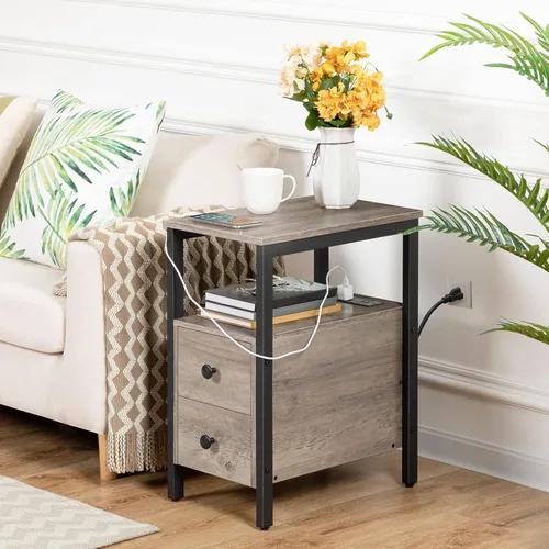 Vista 5 de HOOBRO Mesa auxiliar con estación de carga, mesa auxiliar estrecha con 2 cajones, puertos USB y tomas de corriente, mesita de noche para espacios