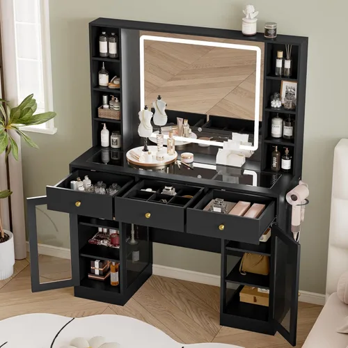 Vista 6 de Escritorio de maquillaje con espejo y luces, tocador negro de 43 pulgadas con parte superior de cristal, almacenamiento de joyas, 3 cajones