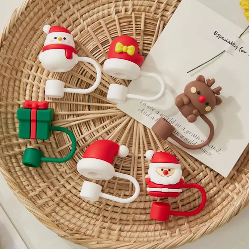 Vista 6 de 6 piezas de cubiertas de pajita con tapa para vaso Stanley de Navidad, tapa superior de pajita de silicona para vaso Stanley de 30 y 40 oz con asa