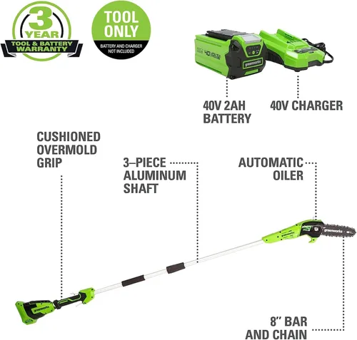 Vista 2 de Greenworks Sierra de Poste Inalámbrica de 40V de 8 Pulgadas, Batería y Cargador No Incluidos, PS40B00