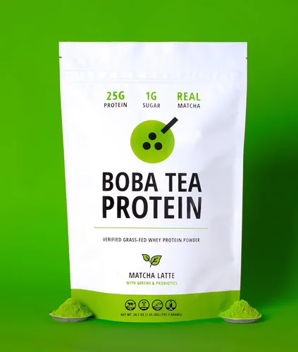 Vista 6 de Boba Tea Protein Matcha Latte Polvo aislado de proteína de suero alimentado con pasto de 0.88 oz Bebida de proteína de té de burbujas sin gluten